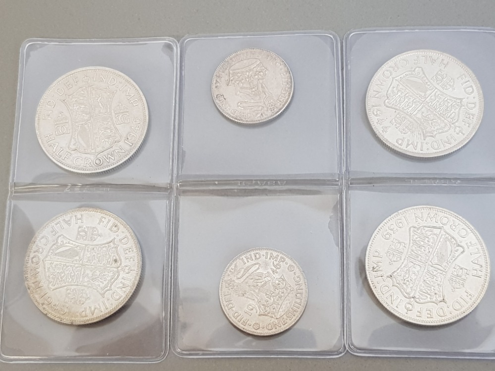 6 SILVER COINS INCLUDES 4 HALF CROWNS DATED 1939,44,45 AND 46 PLUS 2 ONE SHILLING COINS DATED 1928