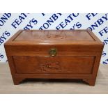 20TH CENTURY CARVED CHINESE EXOTIC HARDWOOD CHEST WITH BRASS FITTING