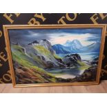 AN OIL PAINTING BY PARRACK MOUNTAINOUS LAKE SCENE SIGNED AND DATED 1986 49 X 74CM