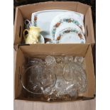 2 BOXES CONTAINING ASSORTED WARE SUCH AS CRYSTAL DRINKING GLASSES PART DINNER SET ETC