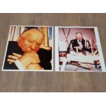 TWO ALFRED HITCHCOCK C PRINT ORIGINAL VINTAGE PRESS PHOTOS WITH PICTORIAL STICKERS ON VERSO 25 X 20