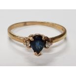 9CT YELLOW GOLD SAPPHIRE AND TWIN DIAMOND RING, 1.5G SIZE P