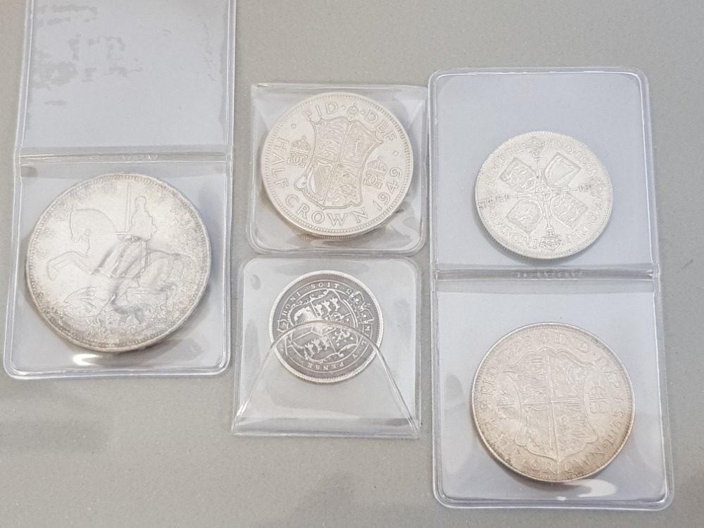 LOT COMPRISING OF 5 SILVER COINS INCLUDES GEORGE V 1935 ROCKING HORSE CROWN, 1935 HALF CROWN, 1930