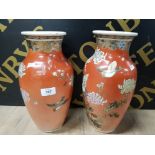 A PAIR OF TALL JAPANESE PINK SPARROW AND CHRYSANTHEMUM VASES 13 INCH TALL