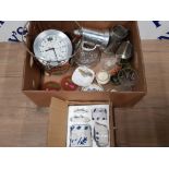 BOX OF MISCELLANEOUS INCLUDES WIRE BIN, TANKARDS AND CRYSTAL GLASS ETC