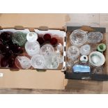 2 BOXES OF MISCELLANEOUS GLASSWARE INCLUDES RUBY GLASS AND CRYSTAL DECANTER WITH STOPPER ETC