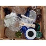 BOX CONTAINING MISCELLANEOUS CLEAR AND COLOURED GLASS INCLUDES PAPERWEIGHTS AND FLUTE VASES ETC