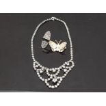 STAMPED SILVER 925 DIAMANTE NECKLACE TOGETHER WITH MARCASITE DRESS RING AND BUTTERFLY BROOCH