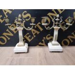 A PAIR OF FRENCH BRASS AND MARBLE TWIN BRANCH CANDLEABRAS 31.5CM HIGH SAS