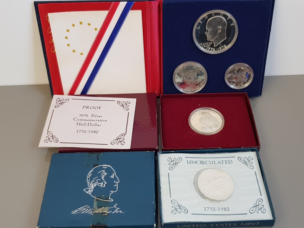 USA SILVER COINS INCLUDES 1976 3 COIN SILVER PROOF SET, 1982 HALF DOLLAR PROOF AND UNCIRCULATED