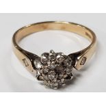 VINTAGE 9CT GOLD AND DIAMOND CLUSTER RING SIZE L, 2 VERY SMALL STONES MISSING, 2.1G