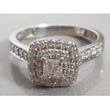 PLATINUM DIAMOND CLUSTER RING WITH PRINCESS CUT CENTRE DIAMOND, APPROXIMATELY 0.79CT, 6.3G SIZE O1/