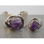 WALTER ARNESEN SILVER BANGLE & MATCHING RING WITH MULTIPLE AMETHYST CRYSTALS CENTRE STONES