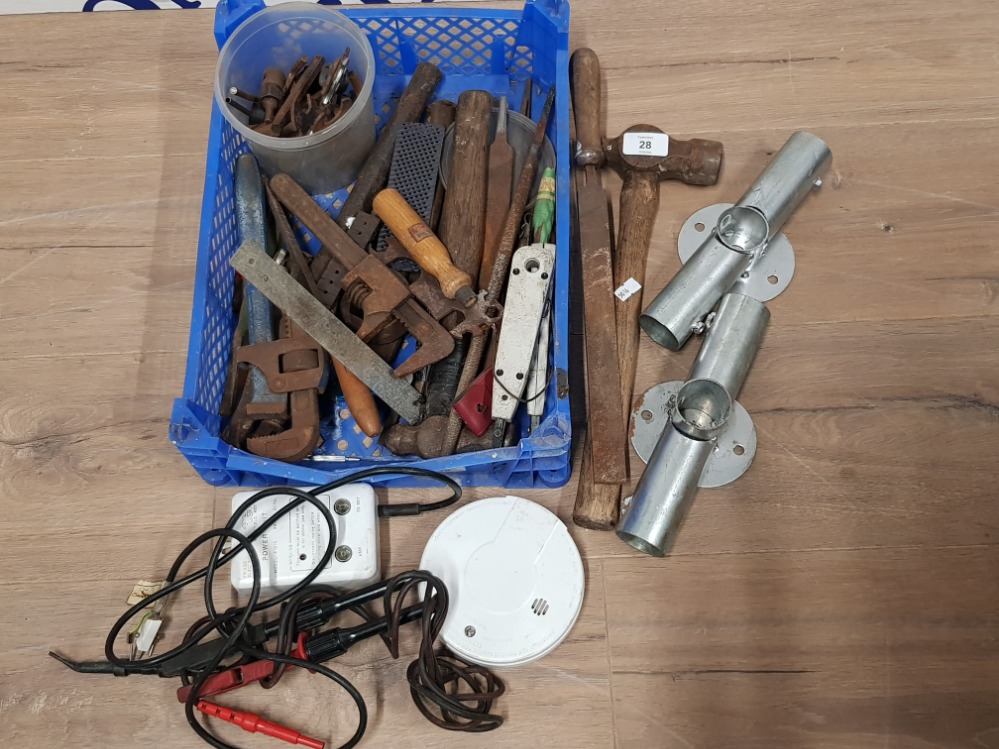 BLUE CRATE OF MISCELLANEOUS VINTAGE HANDTOOLS HAMMERS, WRENCH AND FILES ETC