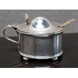 SILVER CONDIMENT WITH ORIGINAL BLUE GLASS LINER AND ASSOCIATED LEAF END SPOON, HALLMARKED BIRMINGHAM