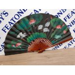LARGE ORIENTAL STYLE FAN, BIRD AND LILLYPAD DECOR
