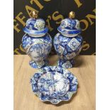 A PAIR OF MODERN CHINESE BLUE AND WHITE LIDDED VASES TOGETHER WITH MATCHING DISH