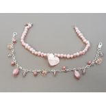 PINK FRESHWATER PEARL AND MOTHER OF PEARL HEART BRACELET TOGETHER WITH A SILVER AND PEARL BEADED