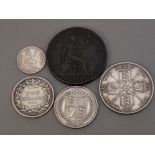A LOT OF 5 MISCELLANEOUS COINS INCLUDES VICTORIAN SILVER 1839 FOURPENCE, 1887 SHILLING, 1887