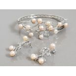 SILVER PLATED BANGLE AND EARRINGS SET WITH FRESHWATER PEARLS, AS NEW WITH SHOP TAGS