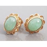 9CT YELLOW GOLD OVAL JADE STONE STUDS, 3G