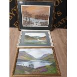 3 PICTURES OF COUNTRY AND LAKE SCENES IN THE PRIMITIVE STYLE ONE SIGNED F STEPHENSON ACRYLIC LAKE
