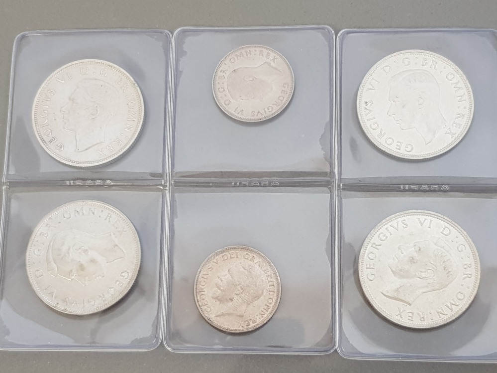 6 SILVER COINS INCLUDES 4 HALF CROWNS DATED 1939,44,45 AND 46 PLUS 2 ONE SHILLING COINS DATED 1928 - Image 2 of 2