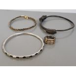 SILVER AND GOLD PLATED ANIMAL HAIR RING PLUS 3 OTHER BANGLES