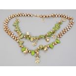 FRESHWATER PEARL AND CARVED GREEN BEAD AND PERIDOT NECKLET AND MATCHING BRACELET