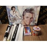 AN ELVIS PRESLEY FRAMED PRINT SPICE GIRLS CHUPA CHUPS TIN AND SCARY SPICE DOLL TOGETHER WITH A
