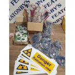 A LOT CONTAINING 10 DANGER RADIATION RISK SIGNS A BOX CONTAINING SOLAR COCKROACHES A BOX OF