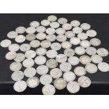 TRAY OF APPROXIMATELY 66 PRE 1947 SILVER THREE PENNY COINS, WEIGHT 91G