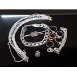 SILVER JEWELLERY 6 SILVER CHAINS 6 DRESS RINGS A PENDANT A FLAT CURB LINK BRACELET A BUDE CHARM