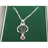 18CT WHITE GOLD RUBY AND DIAMOND ORNATE PENDANT COMPLETE WITH THREE ROW FINE BELCHER CHAIN, 15.3G