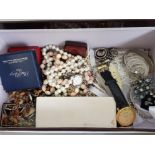 BOX OF MISCELLANEOUS COSTUME JEWELLERY INCLUDING SIMULATED PEARL NECKLACES AND LADIES WRISTWATCHS