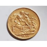 22CT GOLD 1891 FULL SOVERIGN COIN