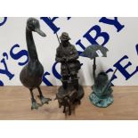 4 BRONZED FIGURES INCLUDES FISHERMAN, FROG, GOOSE AND RAM