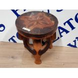 HEAVILY CARVED EXOTIC WOOD FOOTSTOOL WITH 4 BUFFALO FEET 9.5 INCHES BY 9.5 INCHES