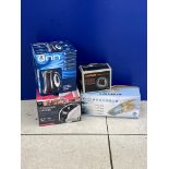 MIXES LOT OF TYRE PRESSURE 12V INFLATER WITH BOXED KETTLE, ULTRA SONIC CLEANER AND CAR VACCUM