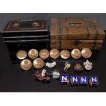 MINATURE DEED BOX AND VINTAGE TIN MONEY BOX CONTAINING CUFFLINKS, BADGES AND 9 BIRMINGHAM MILITARY