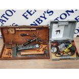 WOODEN TOOLBOX FULL OF VINTAGE HANDTOOLS PLUS CASED POWER BASE 500W HAMMER DRILL
