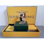 GENTS 18CT YELLOW GOLD BRIETLING BENTLEY WATCH, AUTOMATIC, BLACK DIAL, BLACK LEATHER STRAP WITH