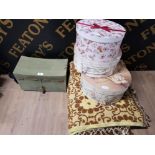 A STAINED GREEN SINGLE DOOR FERRET BOX A DOUBLE SIZE BED COVER AND THREE HAT BOXES