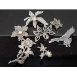 7 MARCASITE LADIES BROOCHES INCLUDING 3 WITH PEARLS AND FLYING EAGLE ETC