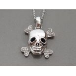 9CT WHITE GOLD DIAMOND SET SKULL PENDANT AND CHAIN, 5G