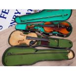 2 VINTAGE VIOLINS BOTH WITH BOWS, A CHILD'S AND THE OTHER A RESTORATION PROJECT, IN ORIGINAL CASES