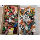 2 BOXES OF WOOD AND PLASTIC ANIMALS PLUS WOODEN BUILDINGS AND MINATURE CARS, TRAINS ETC