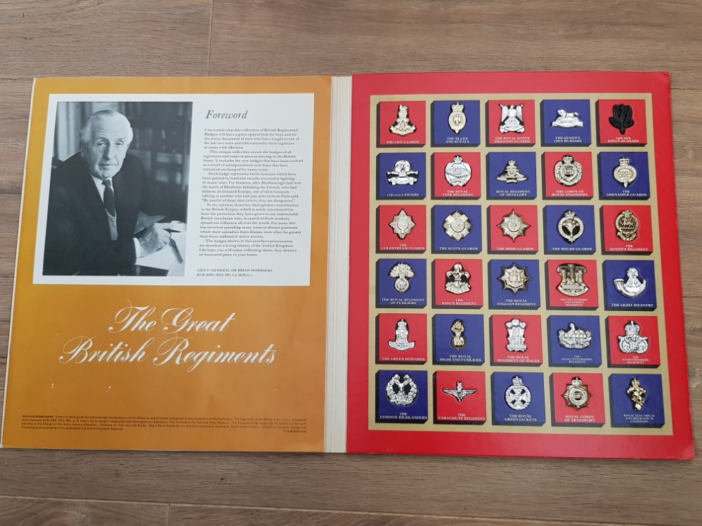 COLLECTION OF 30 REPRODUCTION CAP BADGES OF GREAT BRITISH REGIMENTS, ON SPECIAL CHART