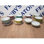 MODERN CHINESE TEA BOWLS AND SAUCERS IN TURQUOISE YELLOW AND RED TOGETHER WITH JAPANESE BOWLS
