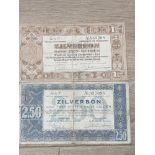 2 BANK NOTES FROM NETHERLANDS INC 1938 ONE GULDEN BANKNOTE AND A TWO AND A HALF GULDEN BANKNOTE